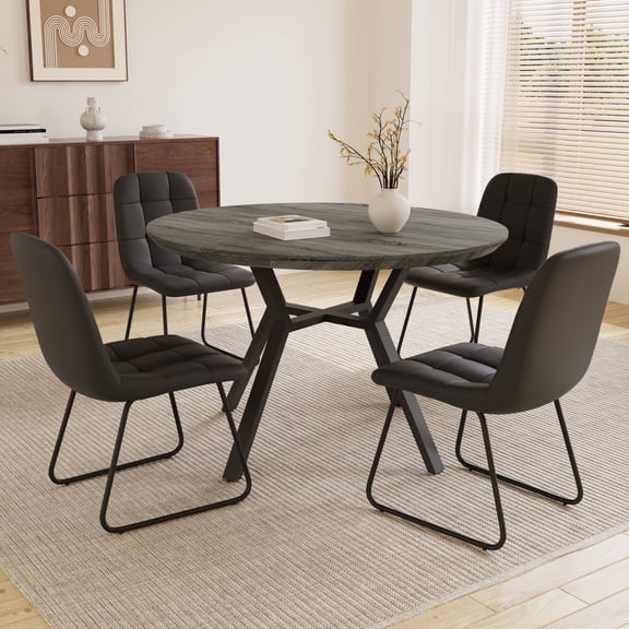 43.3'' to 59'' Extendable Round Modern Kitchen Dining Table Set, Mid-Century Dining Table Set For 4-6 Personal with Carbon Steel Legs