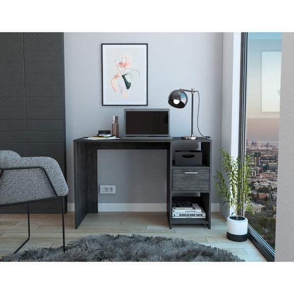 43.3"w X 17.31"d Computer Work Desk With Oak Feature, 1 Drawer And 2 Open Shelves, Gray 22.04 In. Wide Black Shelves