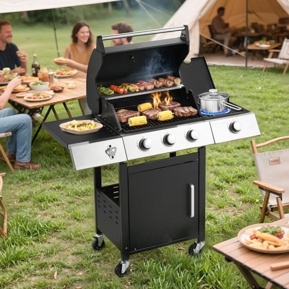 43.3"x43.3" Large Cooking Area 3-Burner Grill - Side Burner, Cast Iron Grates, 36, 000 BTU Output, Lockable Wheels, Black Camping Grill for Outdoor Barbeque