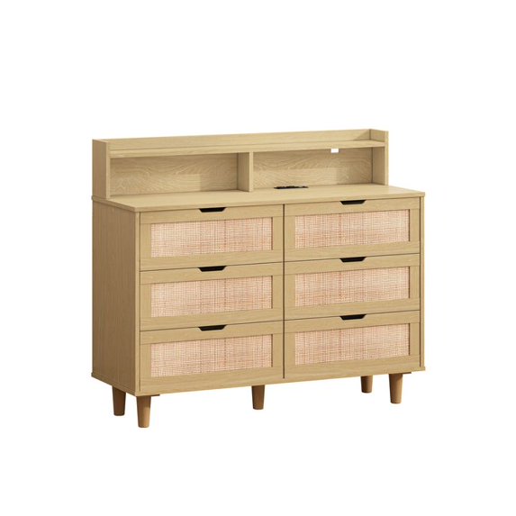 43.31" 6-Drawer Rattan Storage Cabinet with LED Lights and Power Outlet, Natural