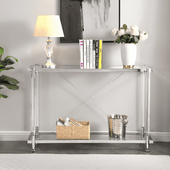 43.31'' Chrome Glass Sofa Table with Acrylic Legs - Simple Elegant Design & 2-Tier Storage