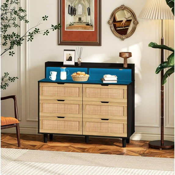43.31" Dresser for Bedroom,Rattan Chest of Dressers with LED Light and Power Outlet,6 Storage Drawer Boho Dresser,Wood Storage Drawer Organizer for Bedroom, Living Room