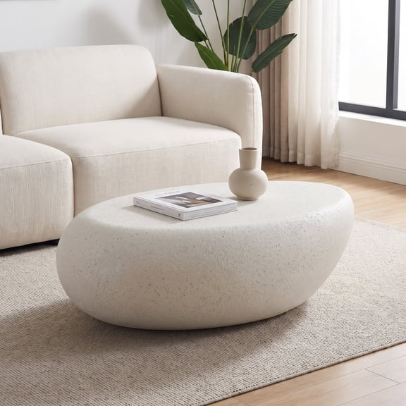 43.31" Fiberglass Elliptical Coffee Table, Beige Rock Shaped Center Table for Living Room