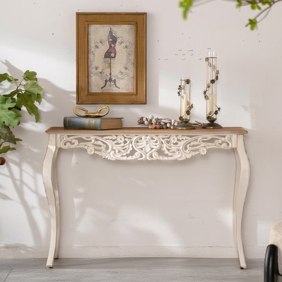 43.31" French Country Carved Console Table - Antique White Distressed Solid Wood & MDF Entry Table with Curved Legs for Hallway/Living Room