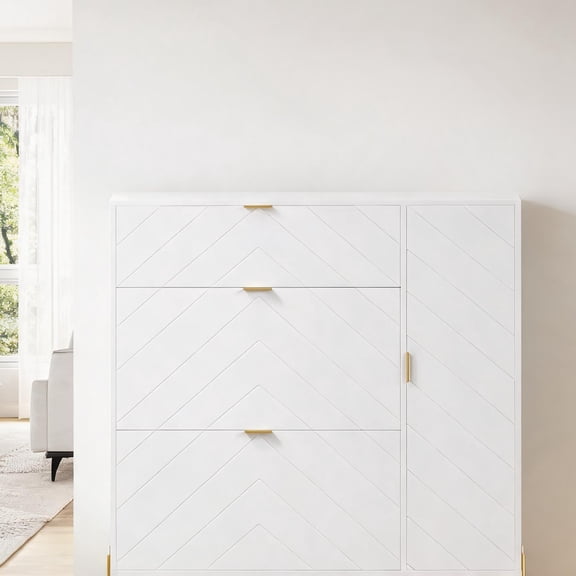 43.31 Inch Narrow Modern Flip-Drawer Shoe Storage Cabinet, Classic White MDF and Metal