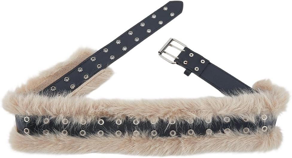 Faux Fur Leather Wide Waist Belt Adjustable Buckle Punk Grunge Faux Fur Grommet Buckle Belt in Brown | Minga London – Minga  main image 4