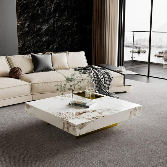 43.31" Modern Coffee Table for Living Room, Large Square Living Room Table, Sintered Stone Coffee Table with Golden Metal Legs, Oversized Center Table for Home Office