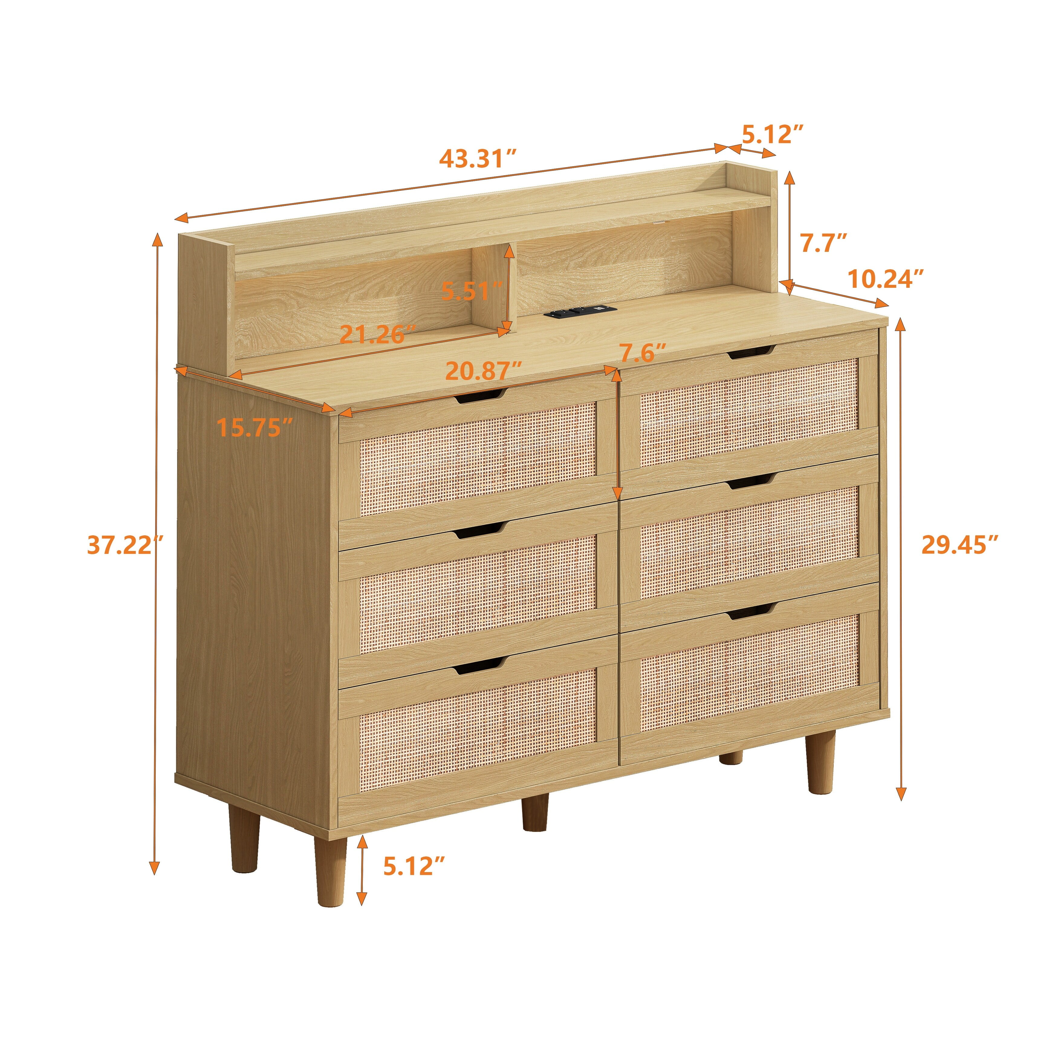 Natural Rattan 6-Drawer Cabinet with LED Lights and Power Outlet