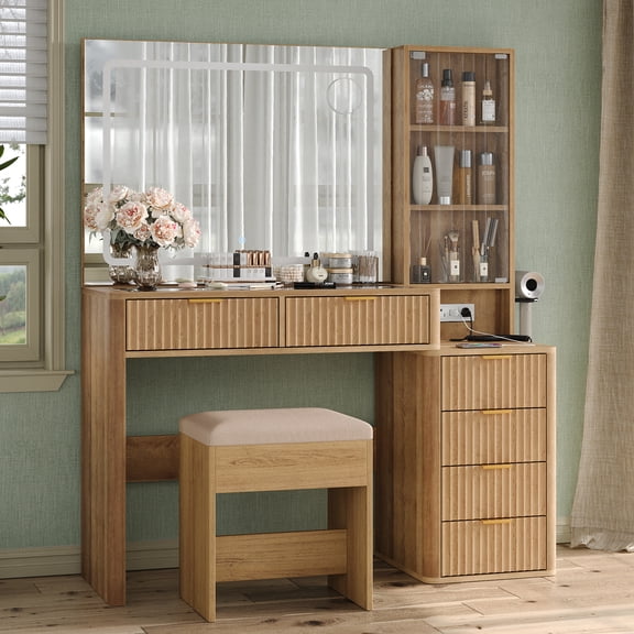 43.31-inch mirror-equipped dressing table with LED lights, a makeup table with 5 drawers, equipped with a charging station, a jewelry storage cabinet, 3 lighting modes, a glass tabletop makeup table