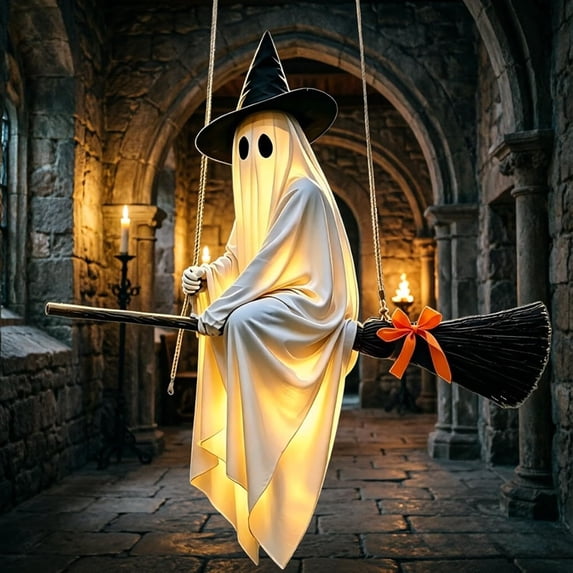43.31in Large Hanging Flying Ghost Decor with Witch Broom, 2026 Halloween Lighted Decorations for Lawn Patio Porch Backyard Front Yard Haunted House(B)