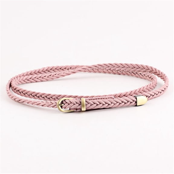 43.31in Women Knitted Belts Solid Color PU Leather Braided Decorative Thin Waist Belt Round Gold Pin Buckle Jeans Dress Waistband
