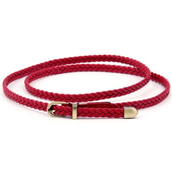 43.31in Women Knitted Belts Solid Color PU Leather Braided Decorative Thin Waist Belt Round Gold Pin Buckle Jeans Dress Waistband