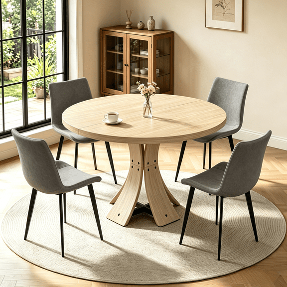 43.32'' Round Dining Table Set for 4,5-Piece Modern Wood Kitchen Table Set for Kitchen Dining Room
