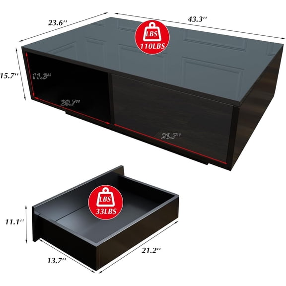 43.3IN LED Black Coffee Table with Storage Drawer and 16 Colors Remote Control Lights for Living Room Modern Furniture