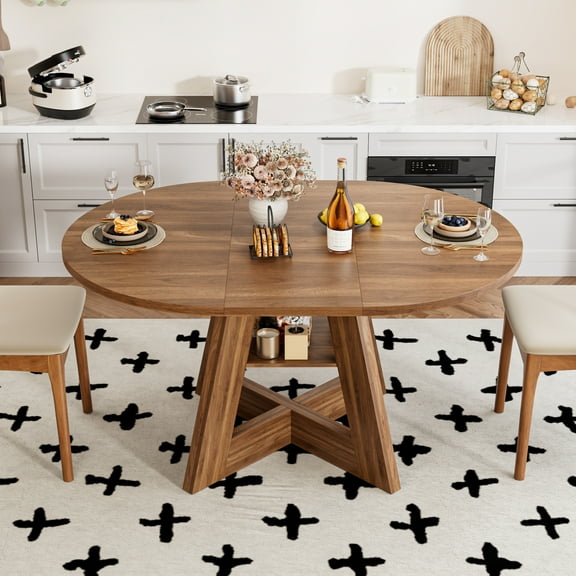 43.3in-59in Extendable Dining Table for 4-6, Modern Round Kitchen Dining Room Table, Multifunctional Table with Wooden Cross Base and Storage Shelf for Kitchen, Dining Living Room, Walnut