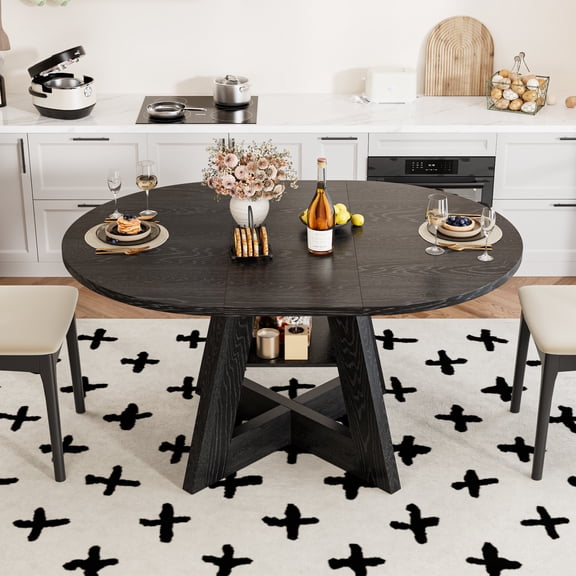 43.3in-59in Extendable Dining Table for 4-6, Modern Round Kitchen Dining Room Table, Multifunctional Table with Wooden Cross Base and Storage Shelf for Kitchen, Dining Living Room, Black