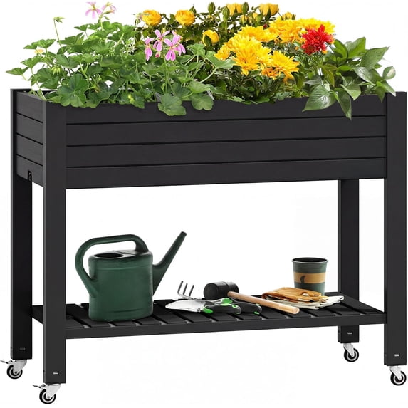 43.3x17.7x34 in Elevated Garden Bed, Outdoor Plastic Planter Box with Wheels, Legs, Drain Plug, and Storage Shelf for Plants, Vegetables, Flowers, Herbs, Black