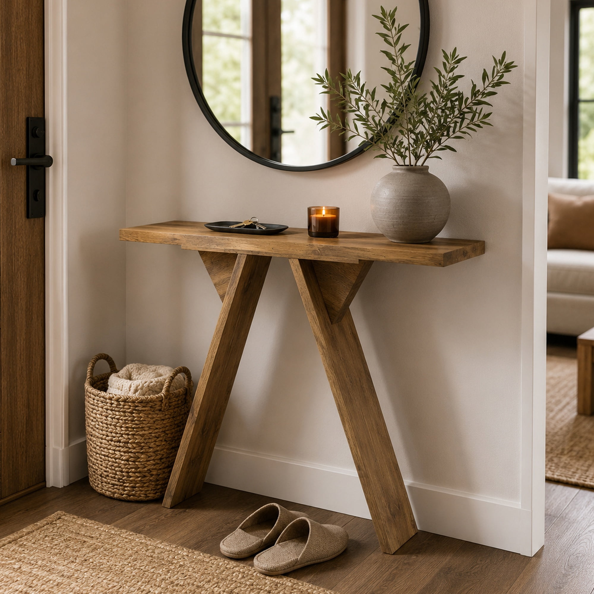 43.4-Inch Narrow Console Table with V-Shaped Base, Rustic Mid-Century Sofa Table and Entryway Hallway Table for Living Room, Natural Wood