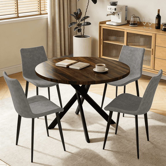 43.5 Inch Round Dining Table Set For 4, 5-Piece Wooden Table with Metal Leg Dining Chairs, Mid Century Modern Small Coffee Set For Dining Room Kitchen Apartment