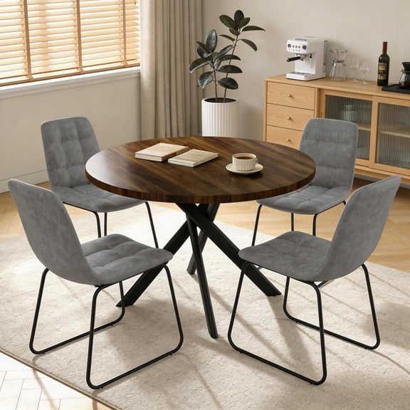 43.4 Inch Round Dining Table Set For 4, 5-Piece Wooden Table with Metal Leg Dining Chairs, Mid Century Modern Small Coffee Set For Dining Room Kitchen Apartment