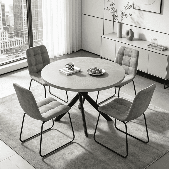 43.5 Inch Round Dining Table Set For 4, 5-Piece Wooden Table with Metal Leg Dining Chairs, Mid Century Modern Small Coffee Set For Dining Room Kitchen Apartment