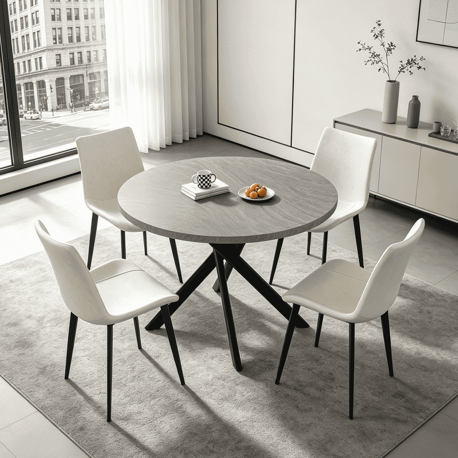 43.5 Inch Round Dining Table Set For 4, 5-Piece Wooden Table with Metal Leg Dining Chairs, Mid Century Modern Small Coffee Set For Dining Room Kitchen Apartment