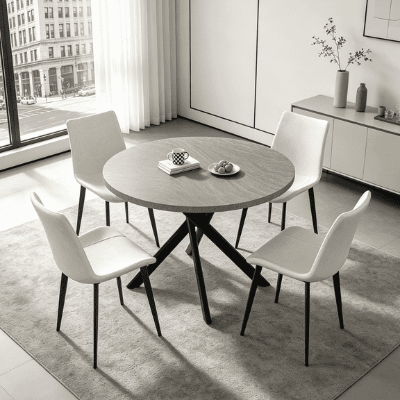 43.5 Inch Round Dining Table Set For 4, 5-Piece Wooden Table with Metal Leg Dining Chairs, Mid Century Modern Small Coffee Set For Dining Room Kitchen Apartment