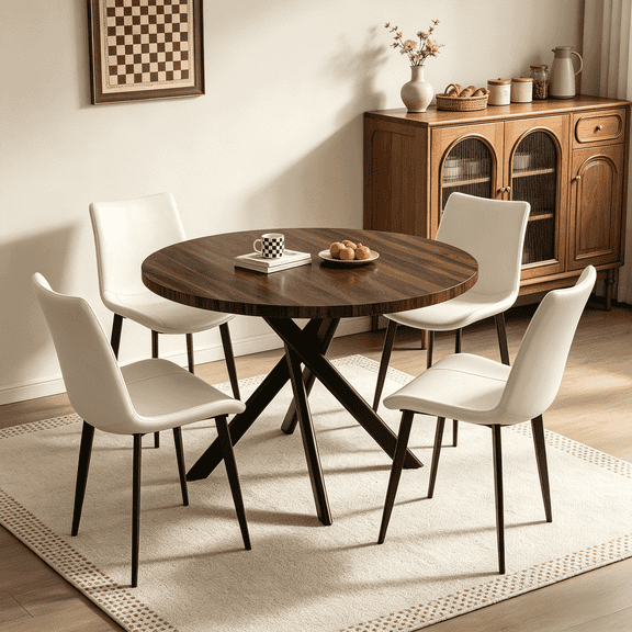 43.5 Inch Round Dining Table Set For 4, 5-Piece Wooden Table with Metal Leg Dining Chairs, Mid Century Modern Small Coffee Set For Dining Room Kitchen Apartment