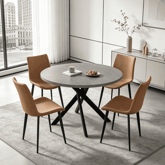 43.5 Inch Round Dining Table Set For 4, 5-Piece Wooden Table with Metal Leg Dining Chairs, Mid Century Modern Small Coffee Set For Dining Room Kitchen Apartment