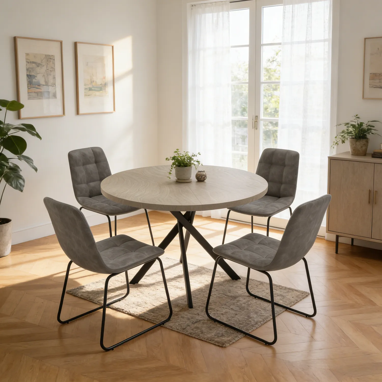 43.4 Inch Round Dining Table Set For 4, 5-Piece Wooden Table with Metal ...
