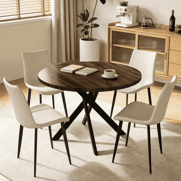 43.5 Inch Round Dining Table Set For 4, 5-Piece Wooden Table with Metal Leg Dining Chairs, Mid Century Modern Small Coffee Set For Dining Room Kitchen Apartment