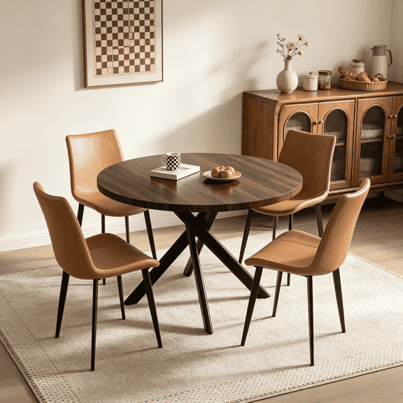 43.5 inch Round Dining Table Set for 4, 5-Piece Wooden Table with Metal Leg Dining Chairs, Mid Century Modern Small Coffee Set for Dining Room Kitchen Apartment