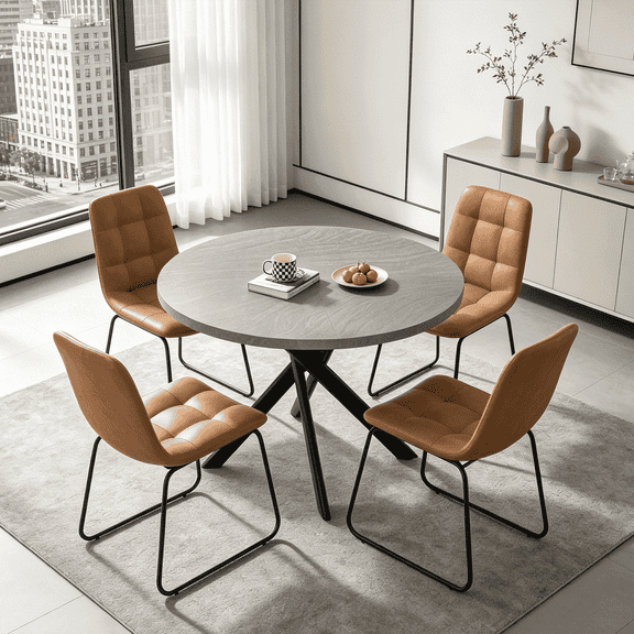 43.5 Inch Round Dining Table Set For 4, 5-Piece Wooden Table with Metal Leg Dining Chairs, Mid Century Modern Small Coffee Set For Dining Room Kitchen Apartment