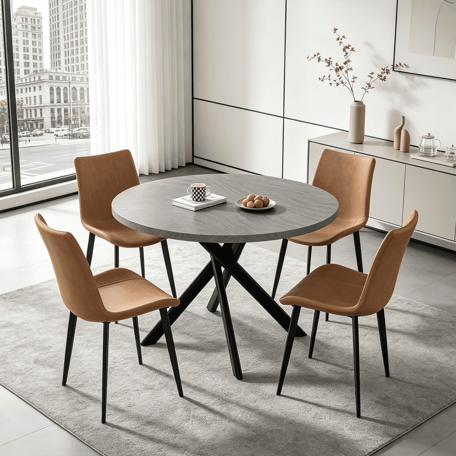 43.5 Inch Round Dining Table Set For 4, 5-Piece Wooden Table with Metal Leg Dining Chairs, Mid Century Modern Small Coffee Set For Dining Room Kitchen Apartment