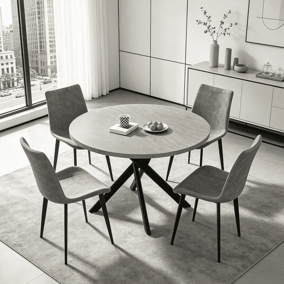 43.5 Inch Round Dining Table Set For 4, 5-Piece Wooden Table with Metal Leg Dining Chairs, Mid Century Modern Small Coffee Set For Dining Room Kitchen Apartment