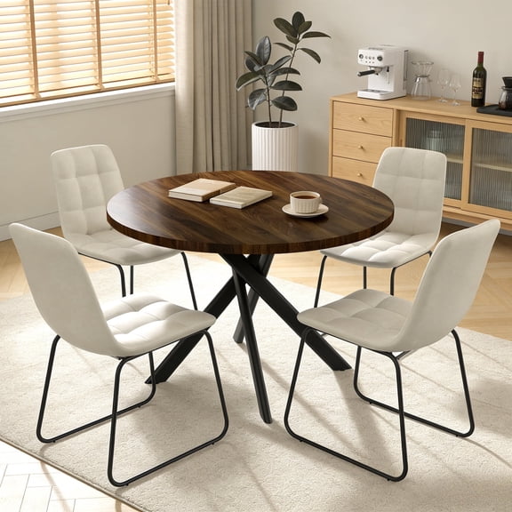 43.5 Inch Round Dining Table Set For 4, 5-Piece Wooden Table with Metal Leg Dining Chairs, Mid Century Modern Small Coffee Set For Dining Room Kitchen Apartment