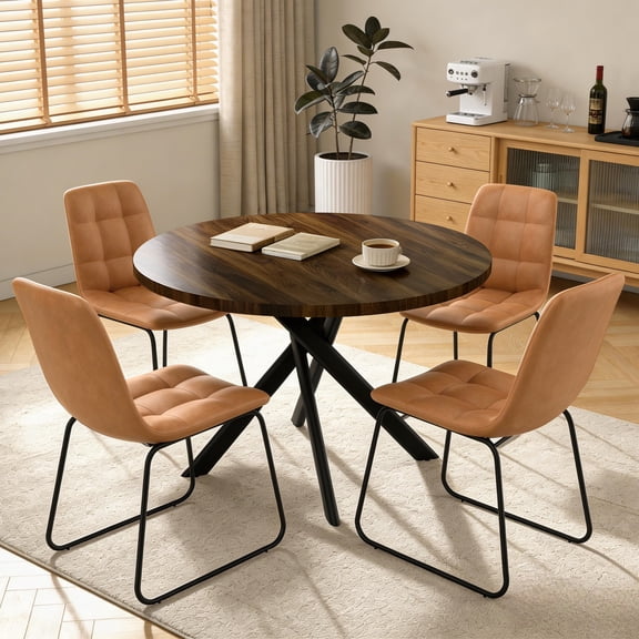 43.4 Inch Round Dining Table Set For 4, 5-Piece Wooden Table with Metal Leg Dining Chairs, Mid Century Modern Small Coffee Set For Dining Room Kitchen Apartment