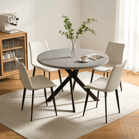 43.5 Inch Round Dining Table Set For 4, 5-Piece Wooden Table with Metal Leg Dining Chairs, Mid Century Modern Small Coffee Set For Dining Room Kitchen Apartment