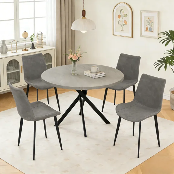 43.4 Inch Round Dining Table Set For 4, 5-Piece Wooden Table with Metal Leg Dining Chairs, Mid Century Modern Small Coffee Set For Dining Room Kitchen Apartment