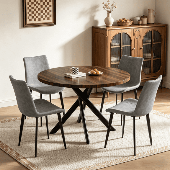 43.5 Inch Round Dining Table Set For 4, 5-Piece Wooden Table with Metal Leg Dining Chairs, Mid Century Modern Small Coffee Set For Dining Room Kitchen Apartment