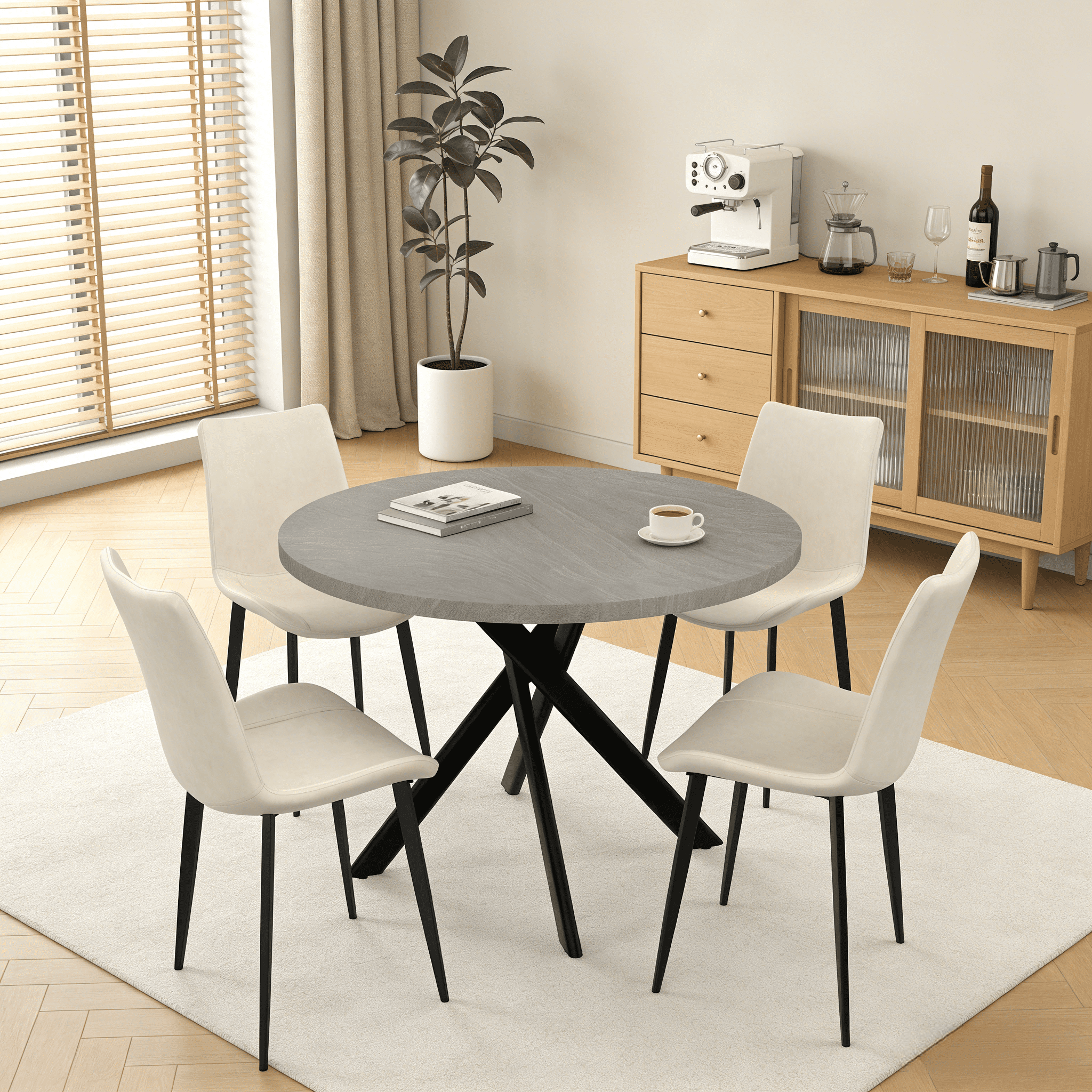 43.4 Inch Round Dining Table Set For 4, 5-Piece Wooden Table with Metal ...