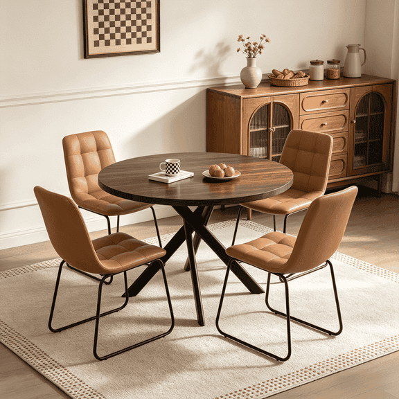 43.5 Inch Round Dining Table Set For 4, 5-Piece Wooden Table with Metal Leg Dining Chairs, Mid Century Modern Small Coffee Set For Dining Room Kitchen Apartment