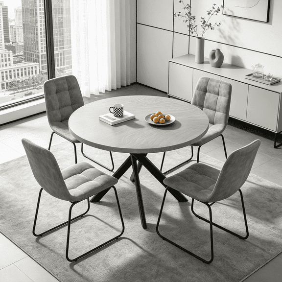 43.5 Inch Round Dining Table Set For 4, 5-Piece Wooden Table with Metal Leg Dining Chairs, Mid Century Modern Small Coffee Set For Dining Room Kitchen Apartment