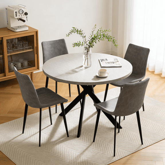 43.5 Inch Round Dining Table Set For 4, 5-Piece Wooden Table with Metal Leg Dining Chairs, Mid Century Modern Small Coffee Set For Dining Room Kitchen Apartment