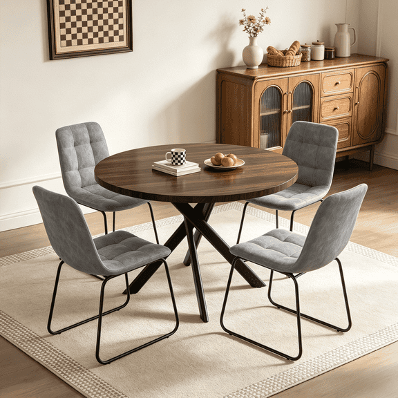 43.5 Inch Round Dining Table Set For 4, 5-Piece Wooden Table with Metal Leg Dining Chairs, Mid Century Modern Small Coffee Set For Dining Room Kitchen Apartment