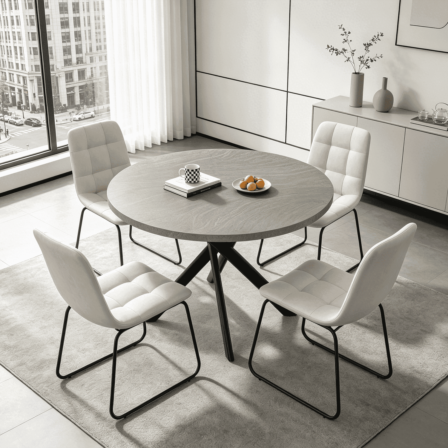 43.5 Inch Round Dining Table Set For 4, 5-Piece Wooden Table with Metal Leg Dining Chairs, Mid Century Modern Small Coffee Set For Dining Room Kitchen Apartment
