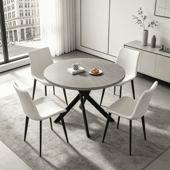 43.5 Inch Round Dining Table Set For 4, 5-Piece Wooden Table with Metal Leg Dining Chairs, Mid Century Modern Small Coffee Set For Dining Room Kitchen Apartment