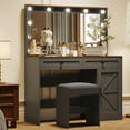 thumbnail image 1 of 43.4" Makeup Vanity Table, Vanity Desk with Storage Drawers & Cushioned Stool, Adjustable Brightness, Dressing Table for Women Girls Bedroom, Black, 1 of 7