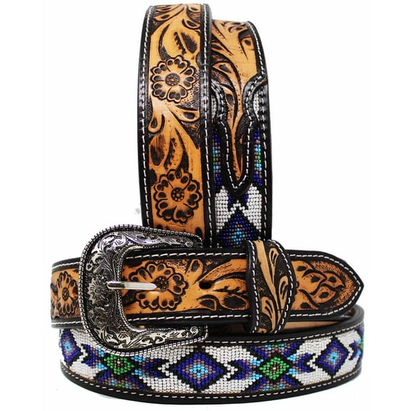 43-44  Unisex 1.5" Western Floral Tooled Beaded Full-Grain Leather Belt 26RT32B
