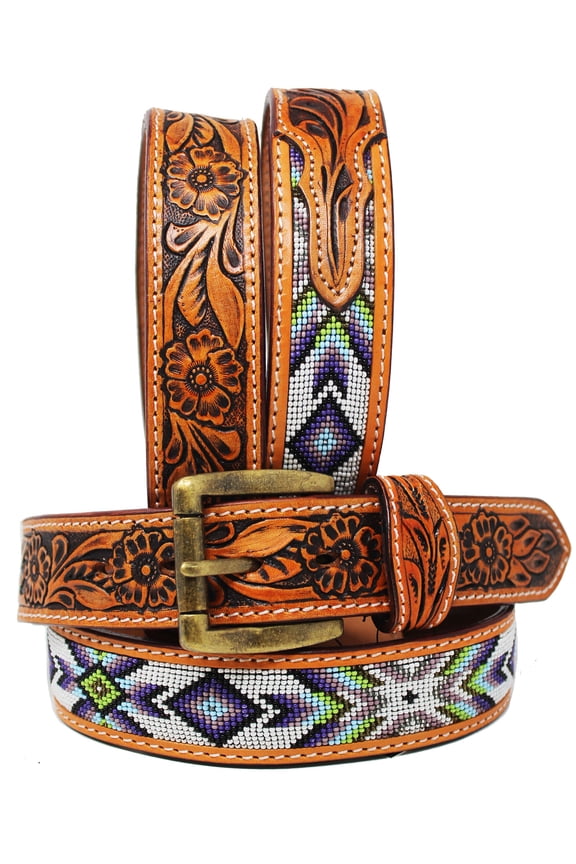 43-44 Unisex 1.5" Western Floral Tooled Beaded Full-Grain Leather Belt 26RT32